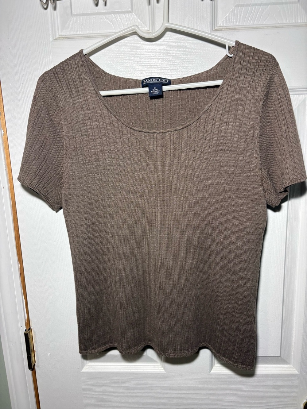Lands' End Brown Short Sleeve Ribbed Knit Scoop Neck Top